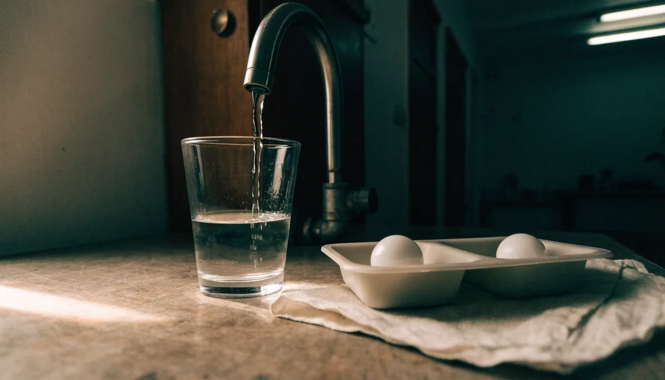 A morning kitchen counter with a glass of water, steel tap and the compartment tray on a linen napkin