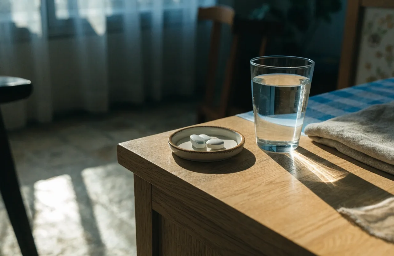 A work surface with a glass of water and a turned-away laptop screen in daylight