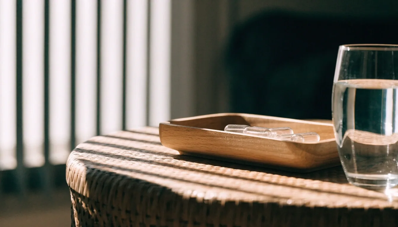A quiet room from across the hall with a tray and glass of water resting on a birch bench