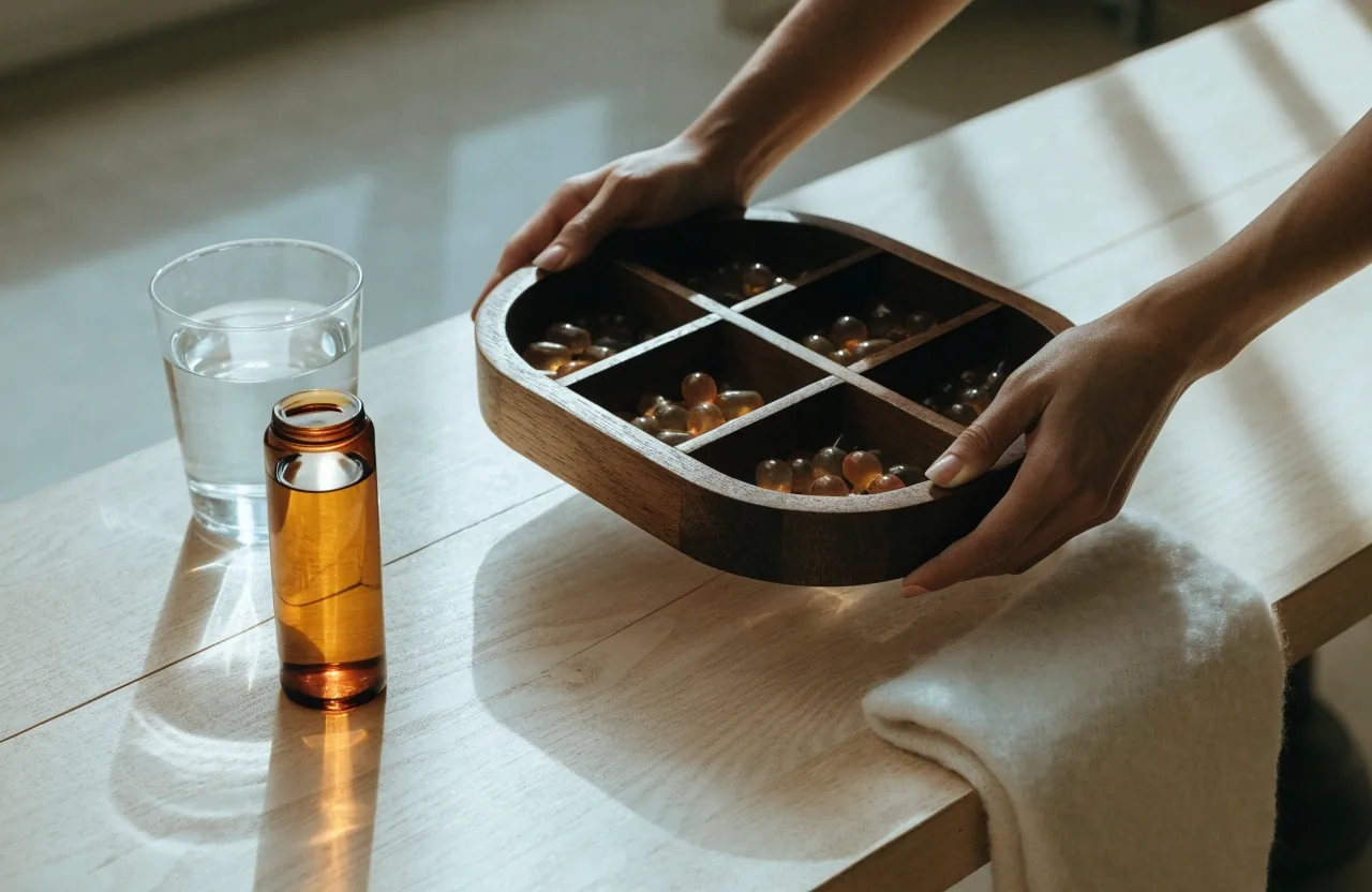 A man lifting a filled compartment tray from a bench beside a capsule bottle and a glass of water