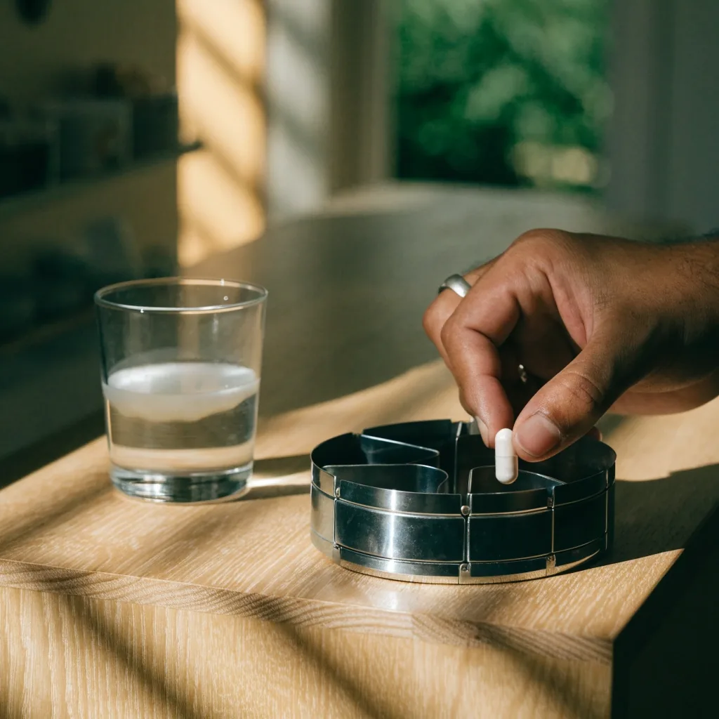 A compartment tray and a glass of water on a pale birch floor in soft window light