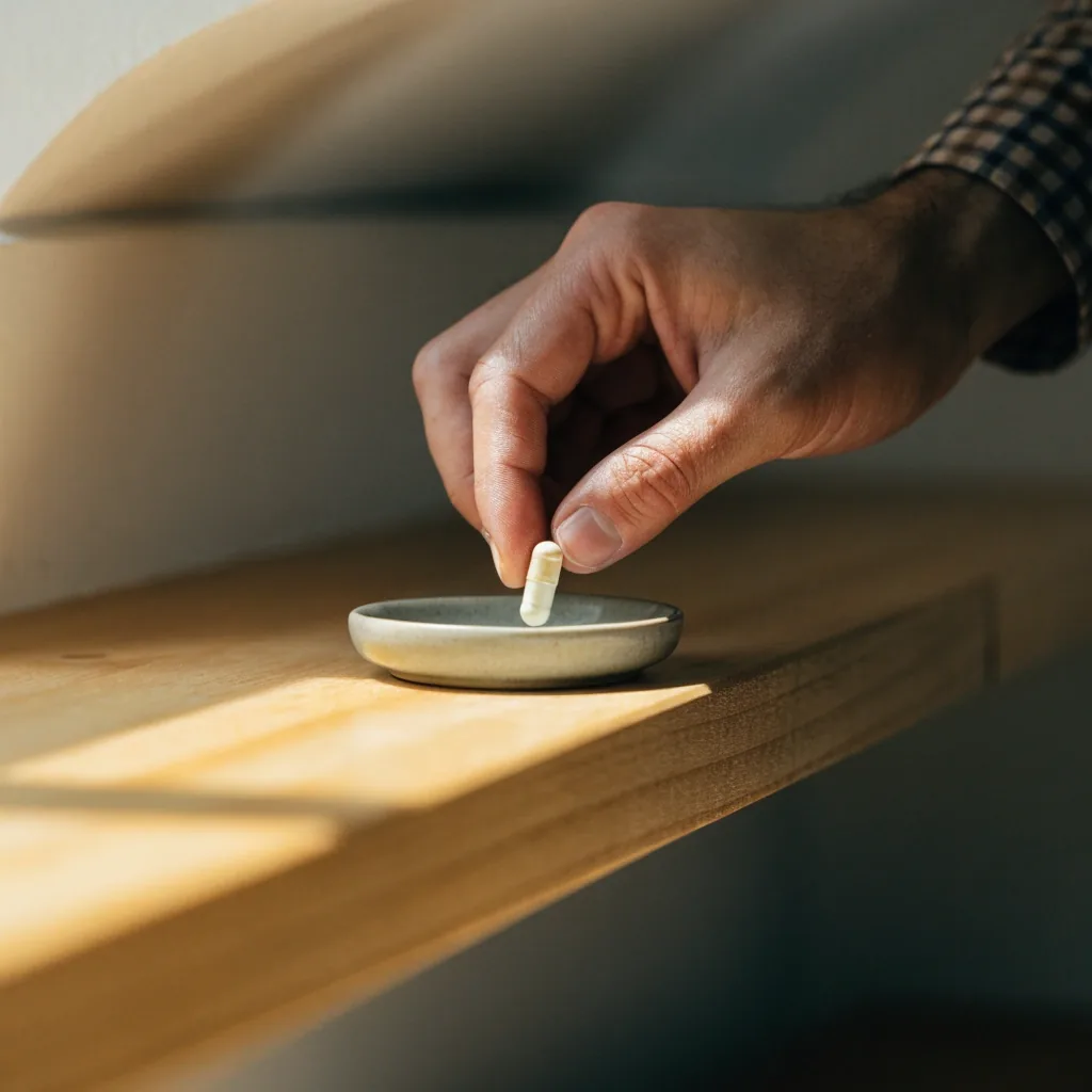 A quiet birch room with a bench and a tray in soft focus