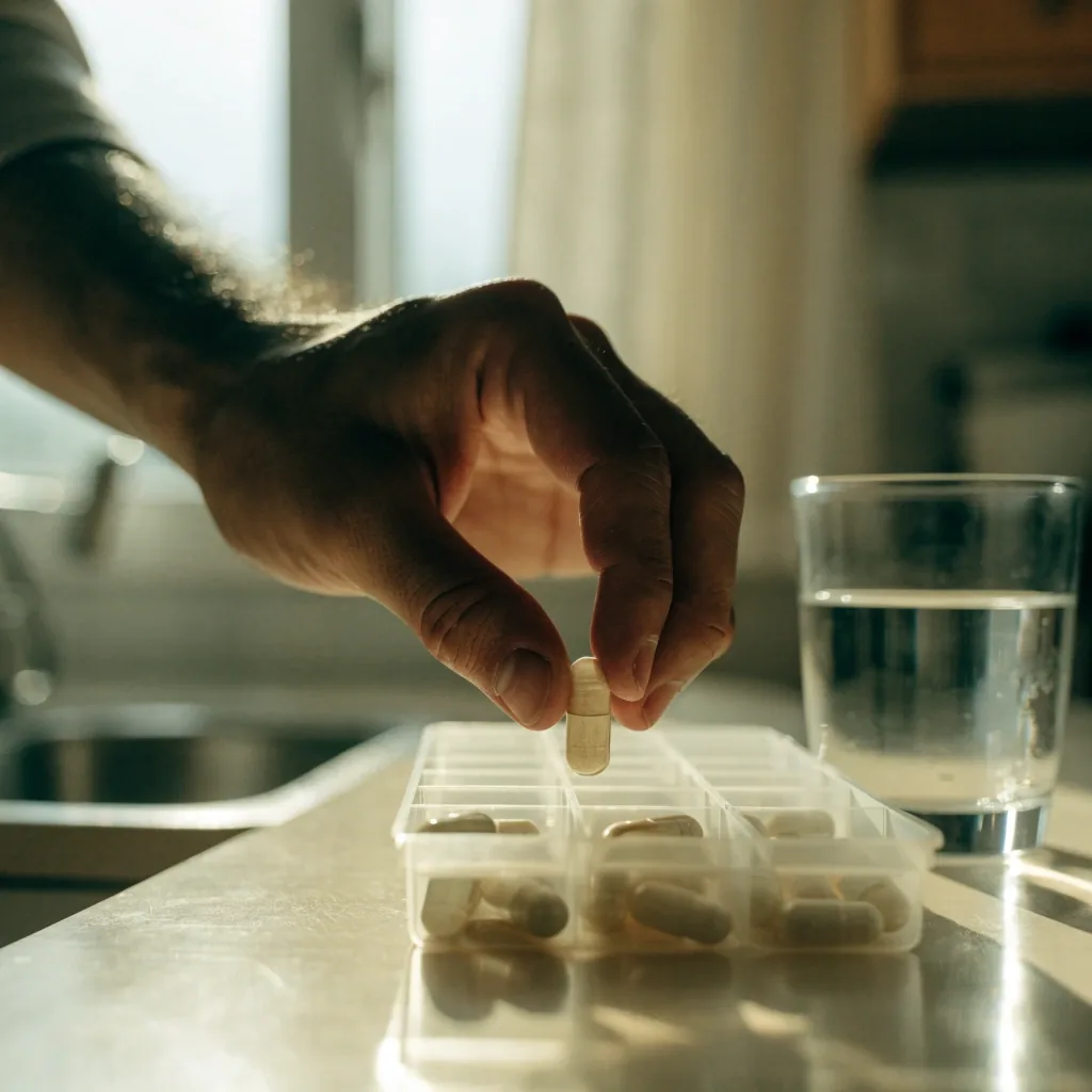 Compartment tray of capsules and a glass of water on a birch bench in window light