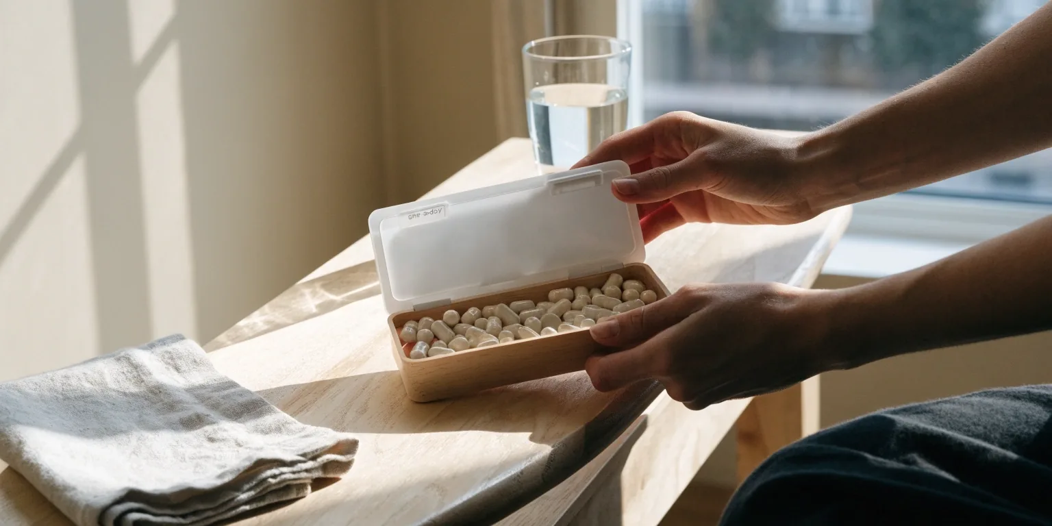 Hands lifting a compartment tray of capsules from a birch bench beside a glass of water