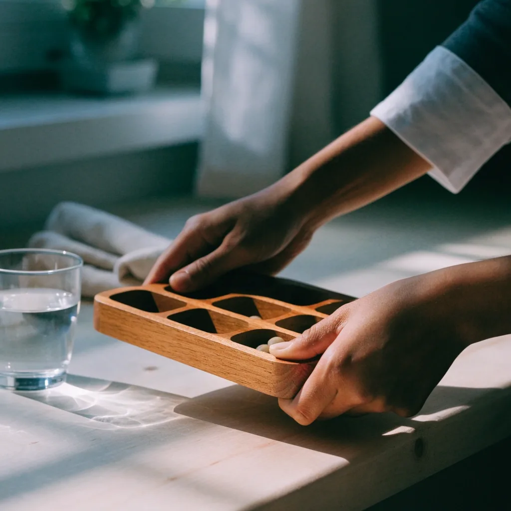 Hands lifting a compartment tray next to a glass of water on a birch counter