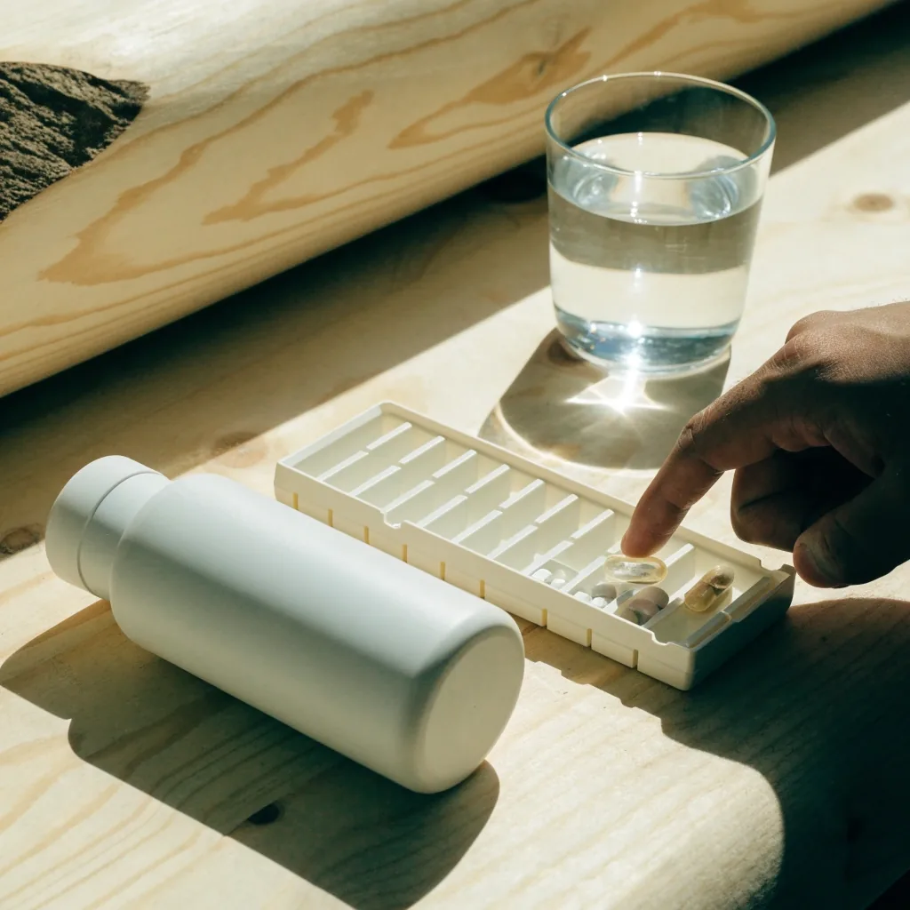 A compartment tray, a bottle and a glass of water arranged on a pale birch surface under daylight