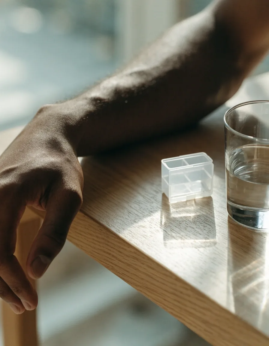 A birch bench in daylight with a compartment tray, a glass of water and an unlabelled bottle